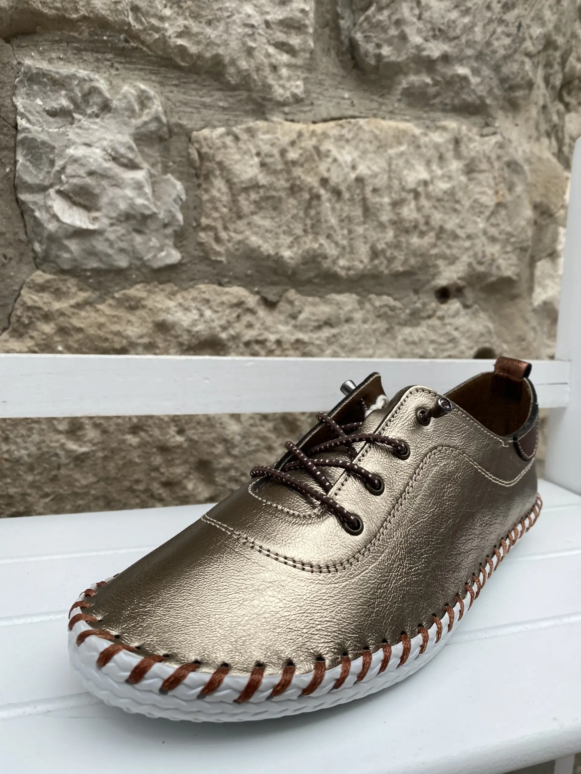 Lunar St Ives Leather Plimsoll in Gold - Image 5