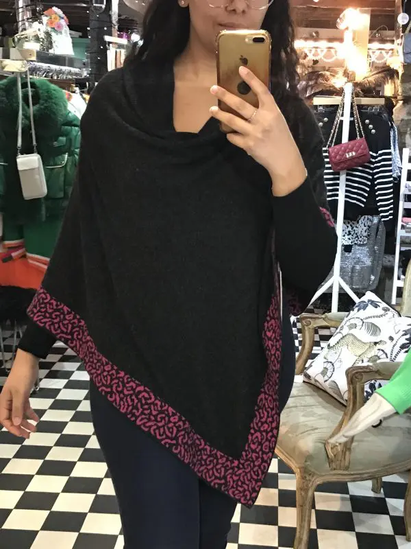 Cashmere Poncho With Leopard Trim