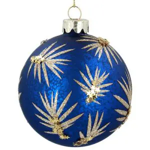 Antique Blue Glass Bauble with Gold Palm Pattern