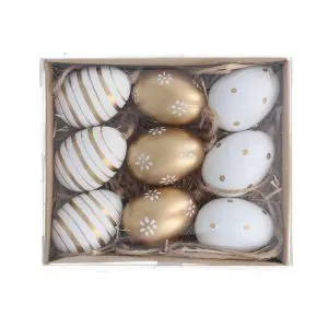 Box/9 Acrylic Dec 12cm - White/Gold Eggs Code: 85120