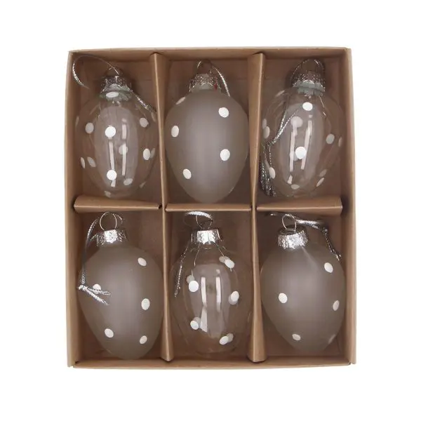 Box/6 Glass Dec 15cm - Frosted/Clear Eggs w Dots Code: 85200
