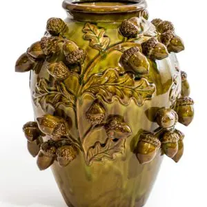 CRACKLE TALL OAK GREEN MULTI ACORN CERAMIC VASE