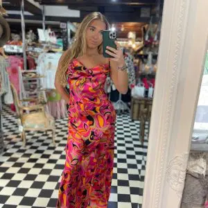 Pink Swirl Cowl Neck Ultra Maxi Dress
