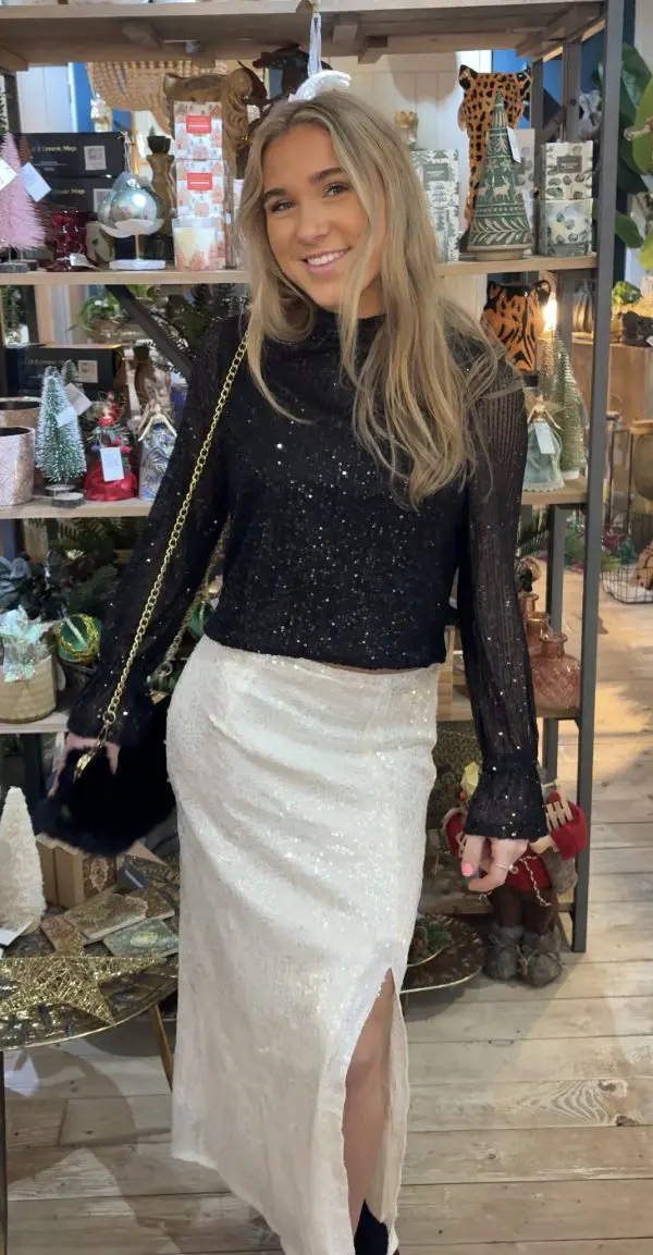 Cream Sequin Split Skirt