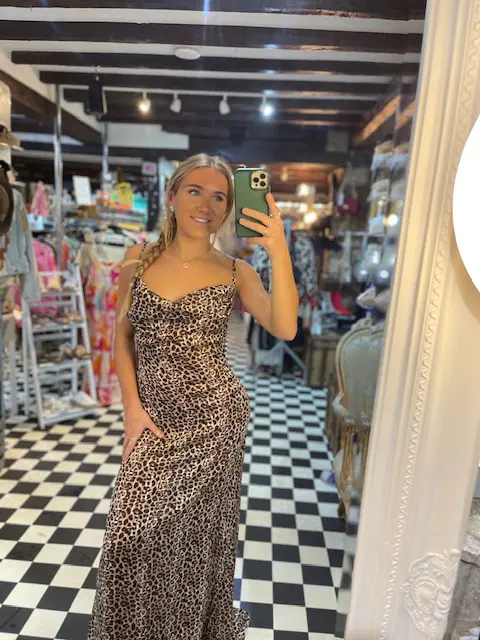 Leopard Print Cowl Neck Maxi Dress