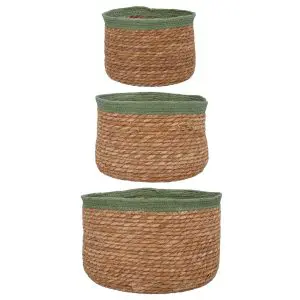 Gisela Graham Set/3 Woven Tub Baskets 22cm - Green Trim Natural