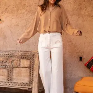 Pocket Symbol Embroidered White Jeans