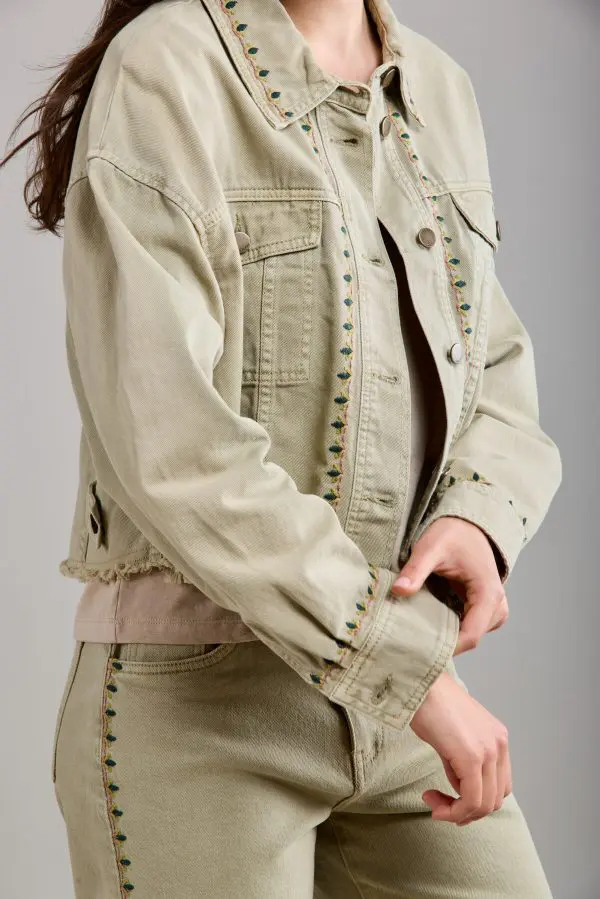 Toxik Embroidered Denim Jacket in Khaki