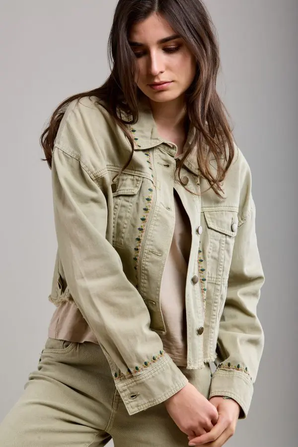 Toxik Embroidered Denim Jacket in Khaki