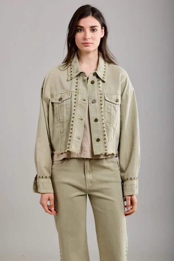 Toxik Embroidered Denim Jacket in Khaki