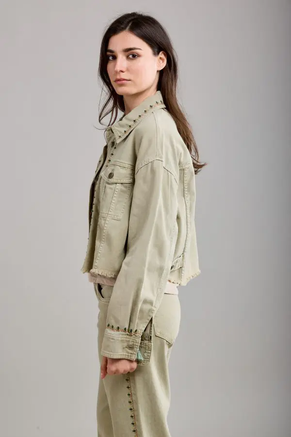 Toxik Embroidered Denim Jacket in Khaki