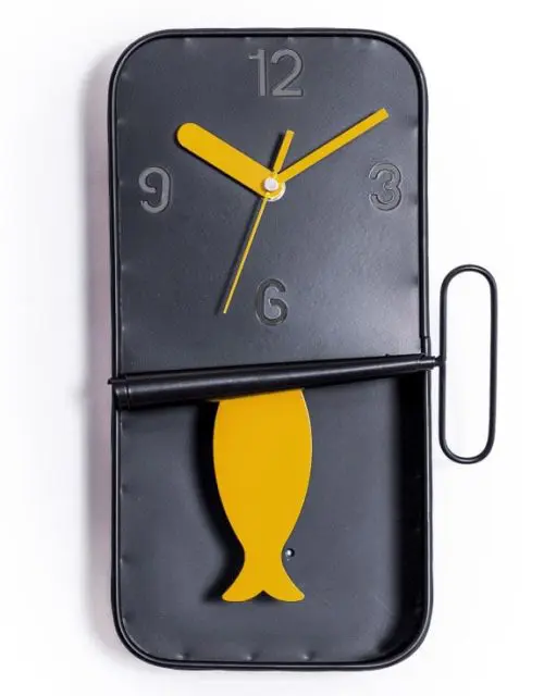 BLACK & ORANGE METAL SARDINE TIN PENDULUM WALL CLOCK