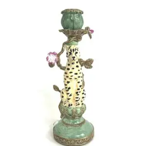 ANTIQUED ORNATE LEOPARD CANDLE HOLDER