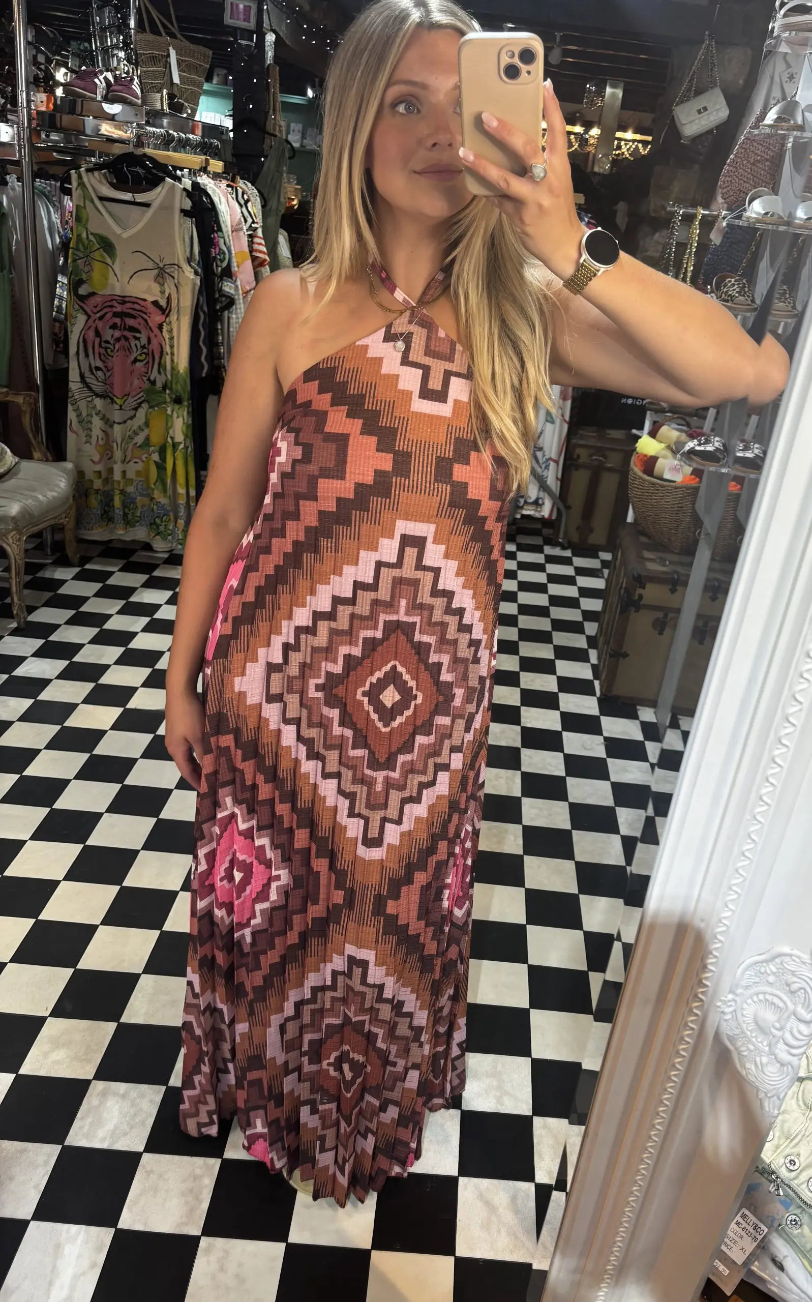 Halter Neck Patterned Dress in Pink/Red or Brown