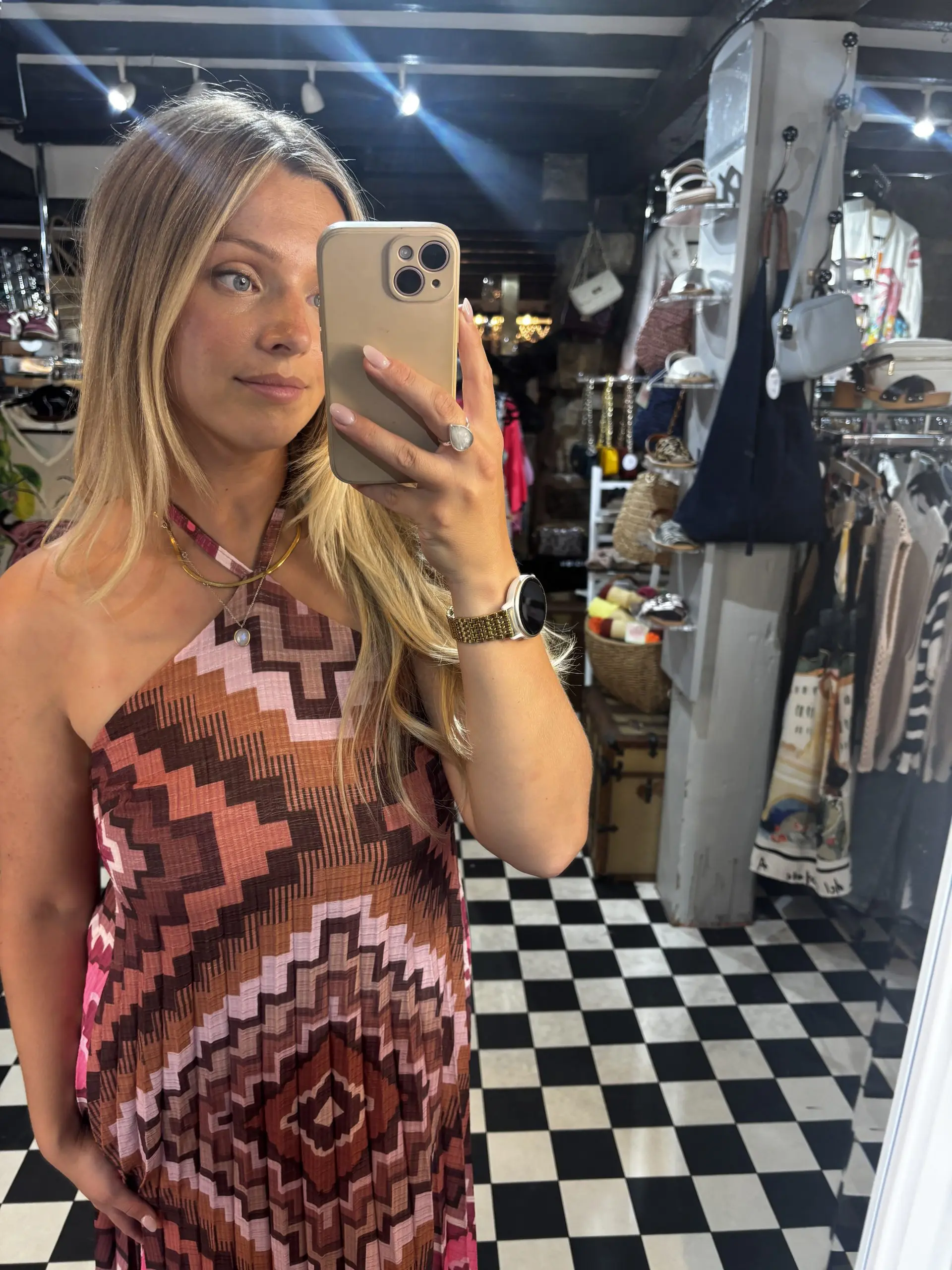 Halter Neck Patterned Dress in Pink/Red or Brown - Image 2