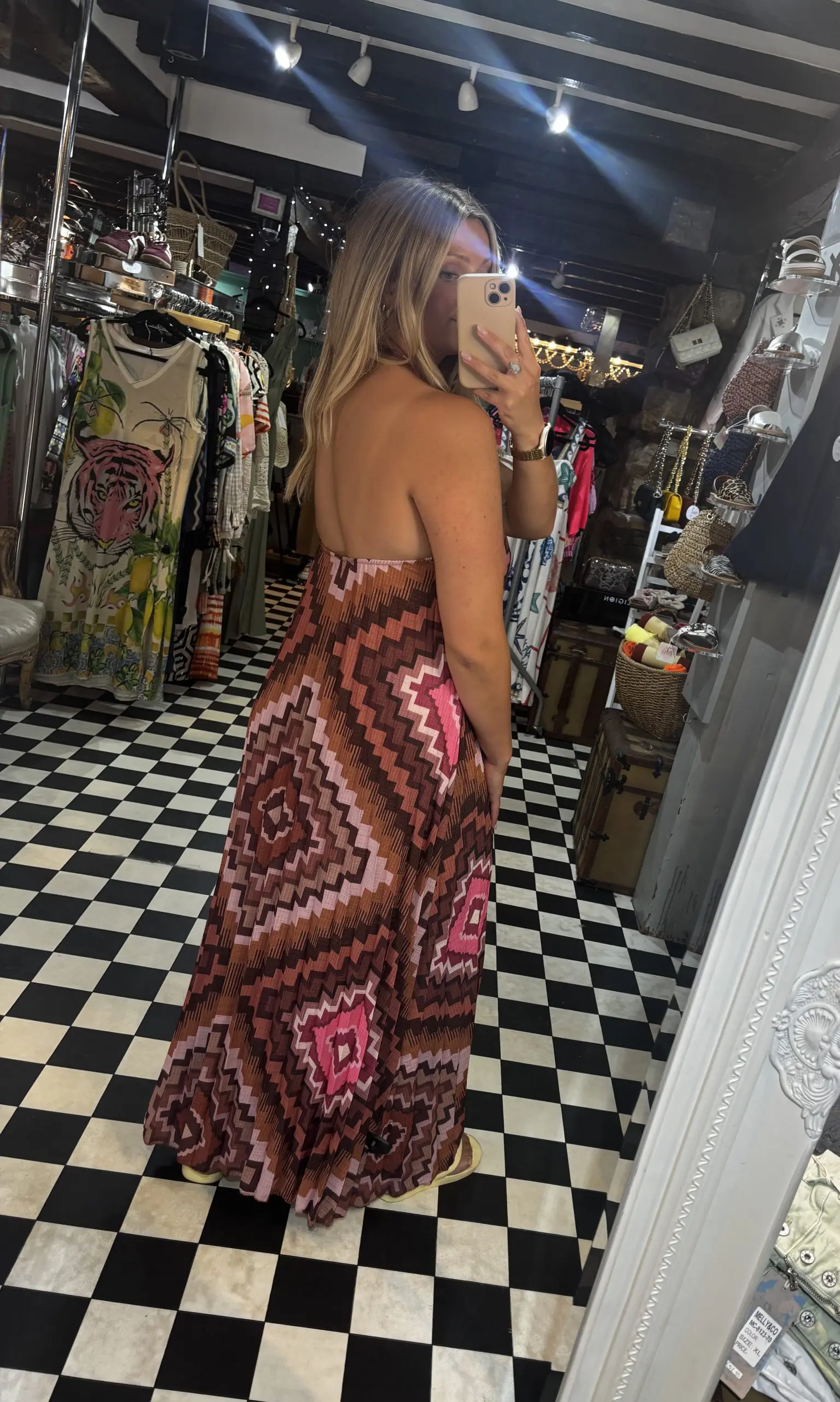 Halter Neck Patterned Dress in Pink/Red or Brown - Image 3