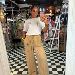 White or Beige trouser with palm tree embroidery