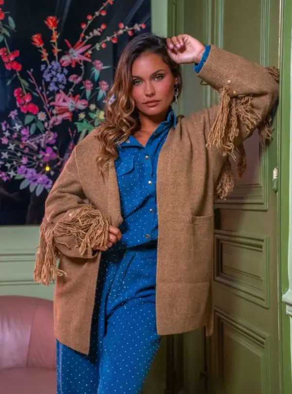 Fringed Knit Stud Detailed Cardigan - Image 3