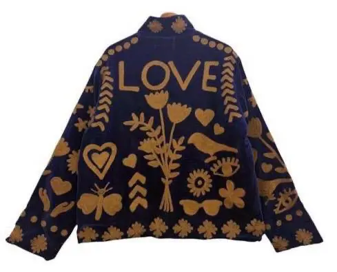 Embroidered ‘Love’ Navy and Gold Velvet Jacket - Image 5