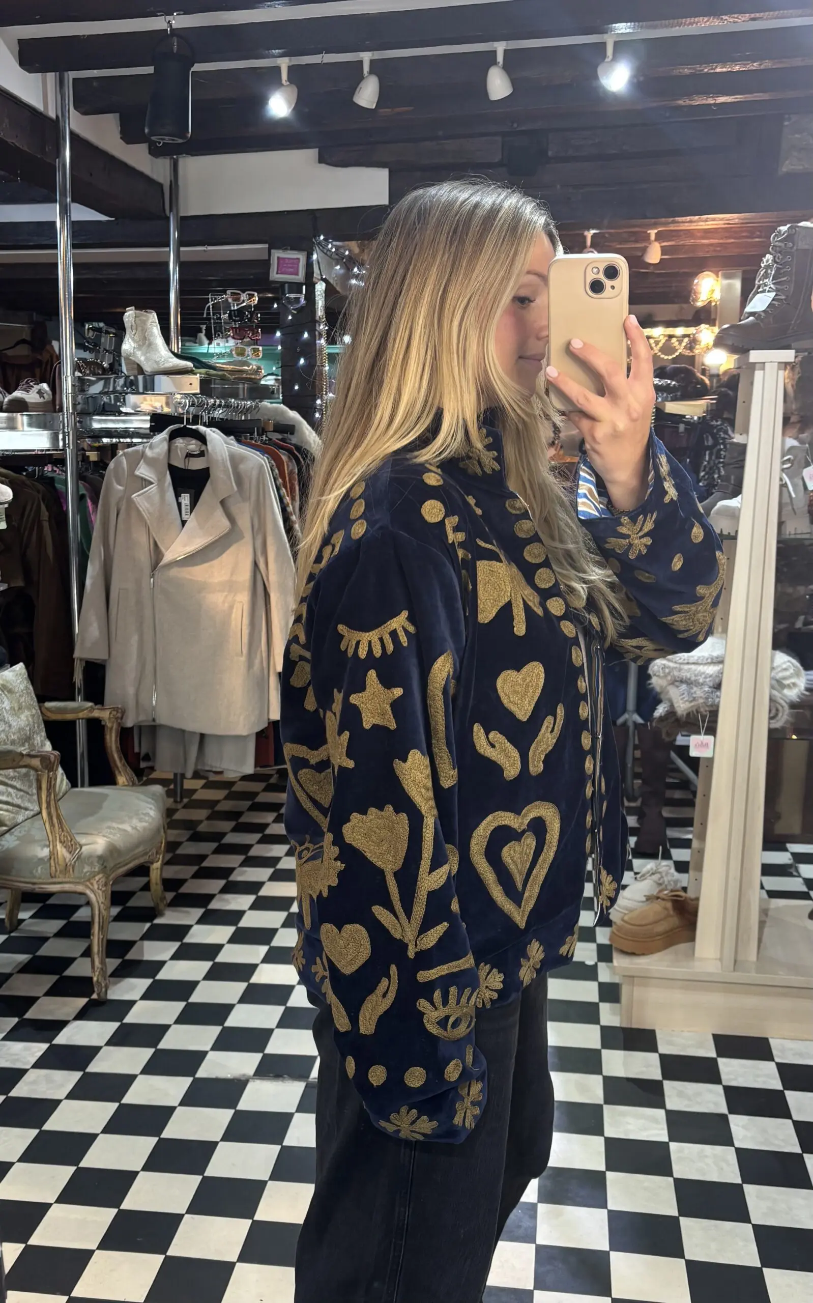 Embroidered ‘Love’ Navy and Gold Velvet Jacket - Image 2