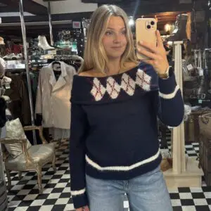Navy Off The Shoulder Knit Jumper