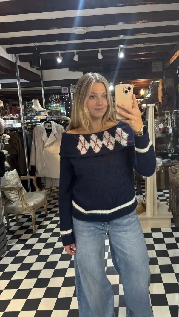 Navy Off The Shoulder Knit Jumper