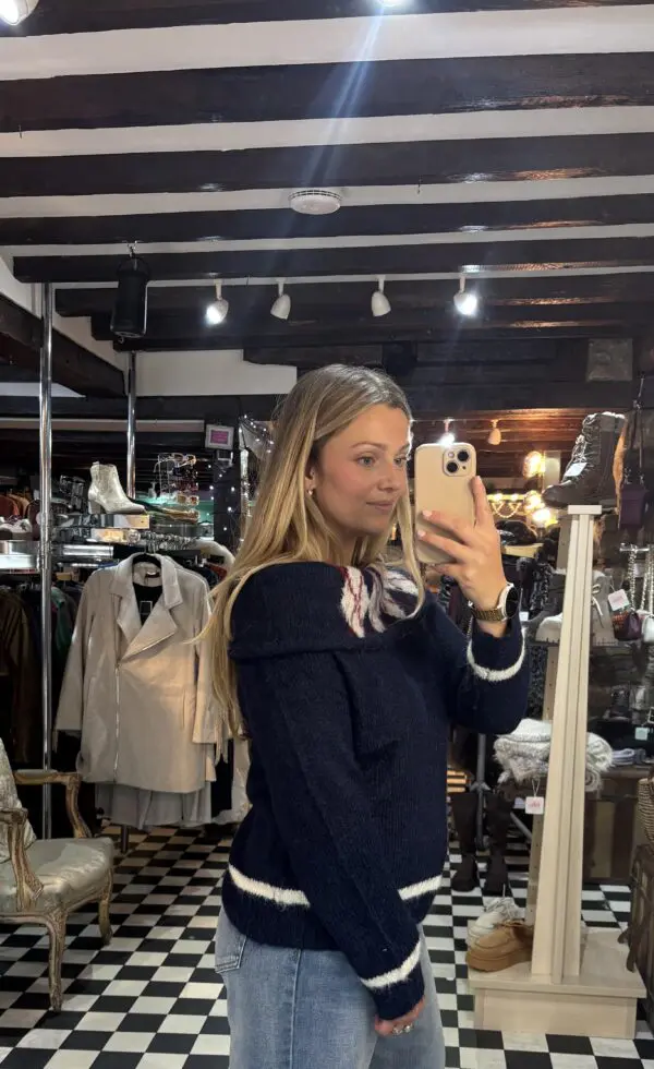 Off The Shoulder Navy Knit Jumper - Image 2
