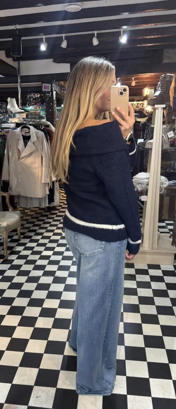 Off The Shoulder Navy Knit Jumper - Image 3