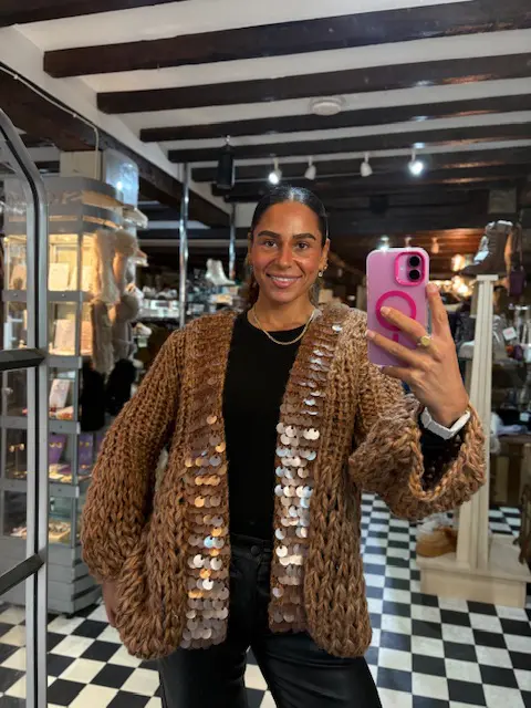 Chunky Knit Sequin Cardigan in Camel