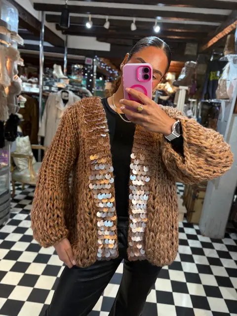 Chunky Knit Sequin Cardigan in Camel