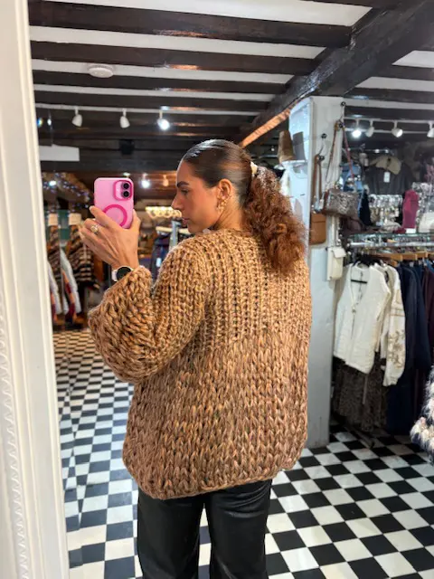 Chunky Knit Sequin Cardigan in Camel