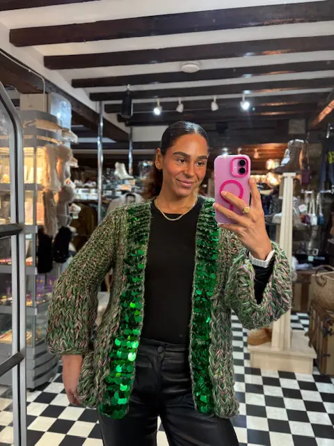 Chunky Knit Sequin Cardigan in Green