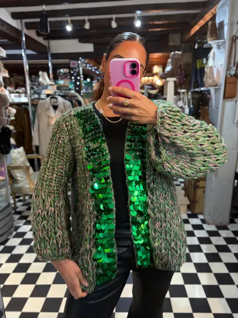 Chunky Knit Sequin Cardigan in Green