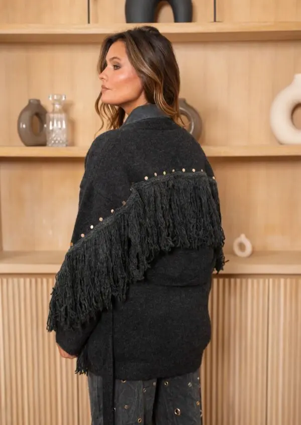Fringed Knit Stud Detailed Cardigan - Image 4