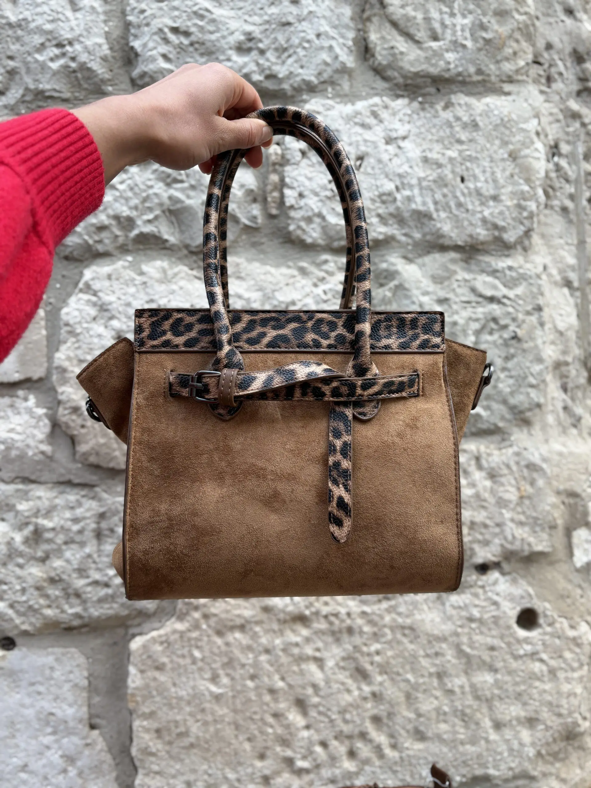 Faux Suede Leopard Print Trim Bag