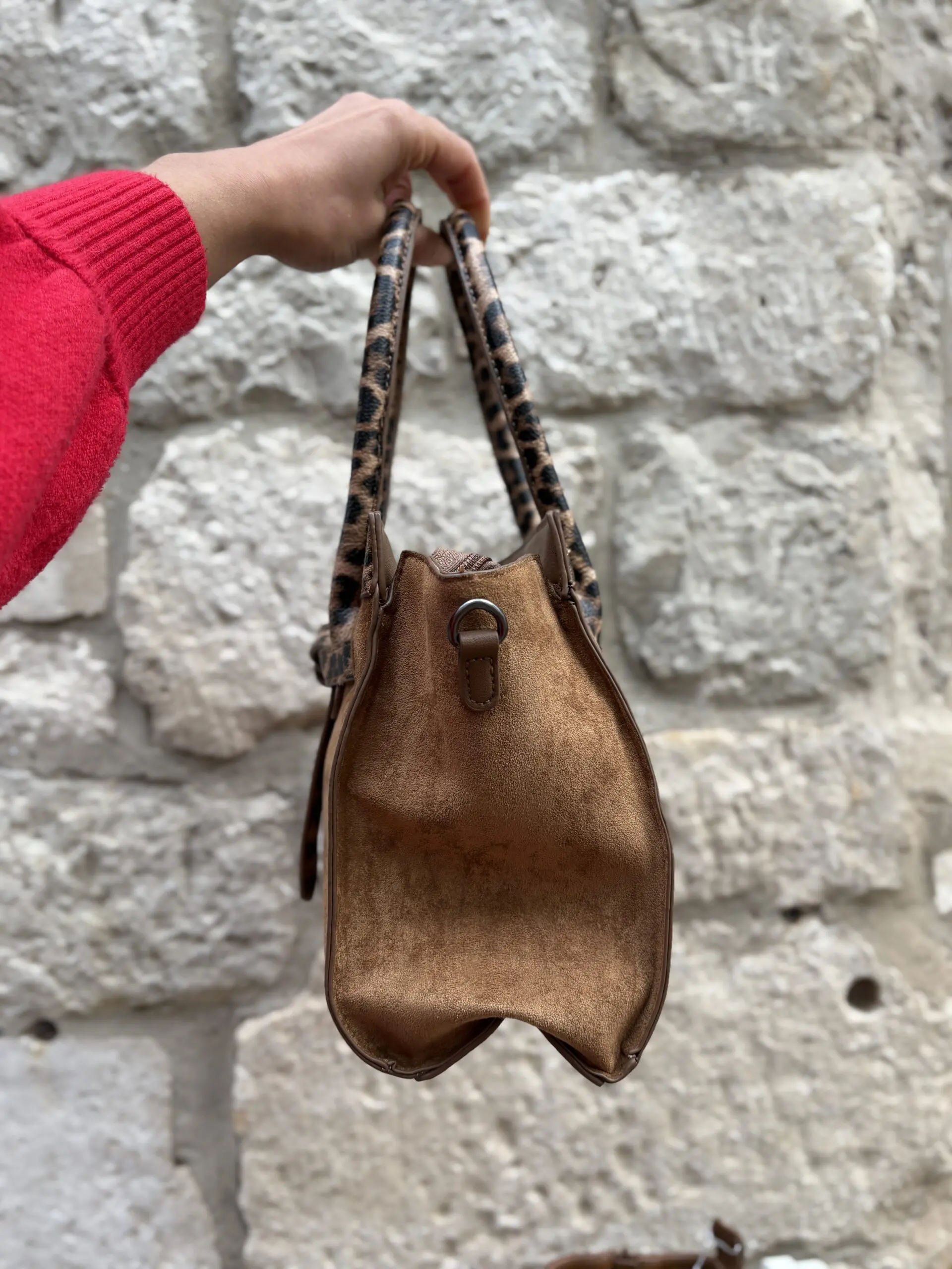 Faux Suede Leopard Print Trim Bag