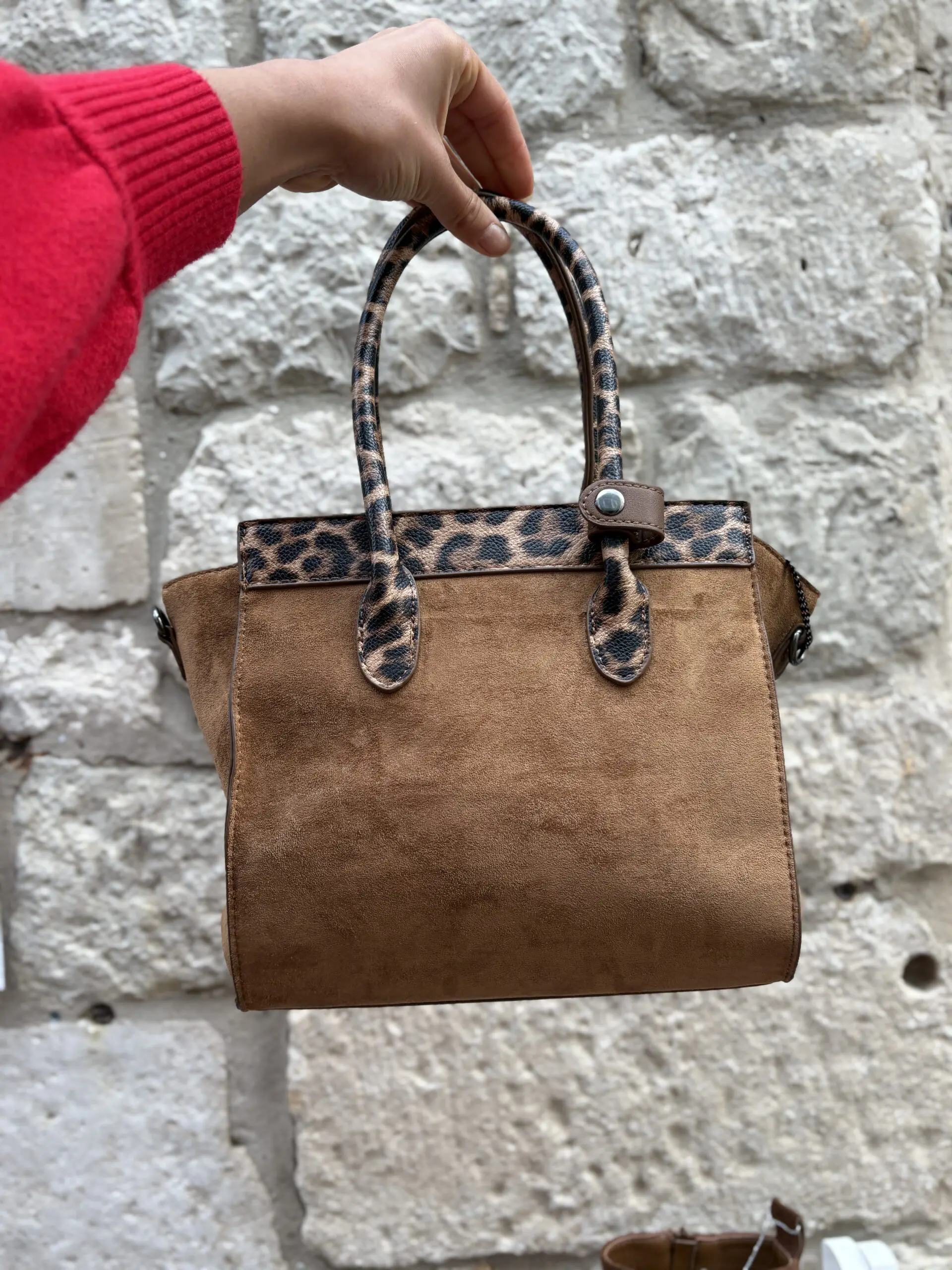 Faux Suede Leopard Print Trim Bag