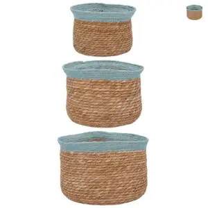 Blue Trim Natural Woven Lined Tub Basket - Set of 3