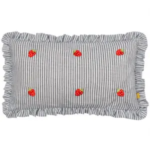 'Les Fruits' Navy Blue and White Stripe Cushion - Strawberries