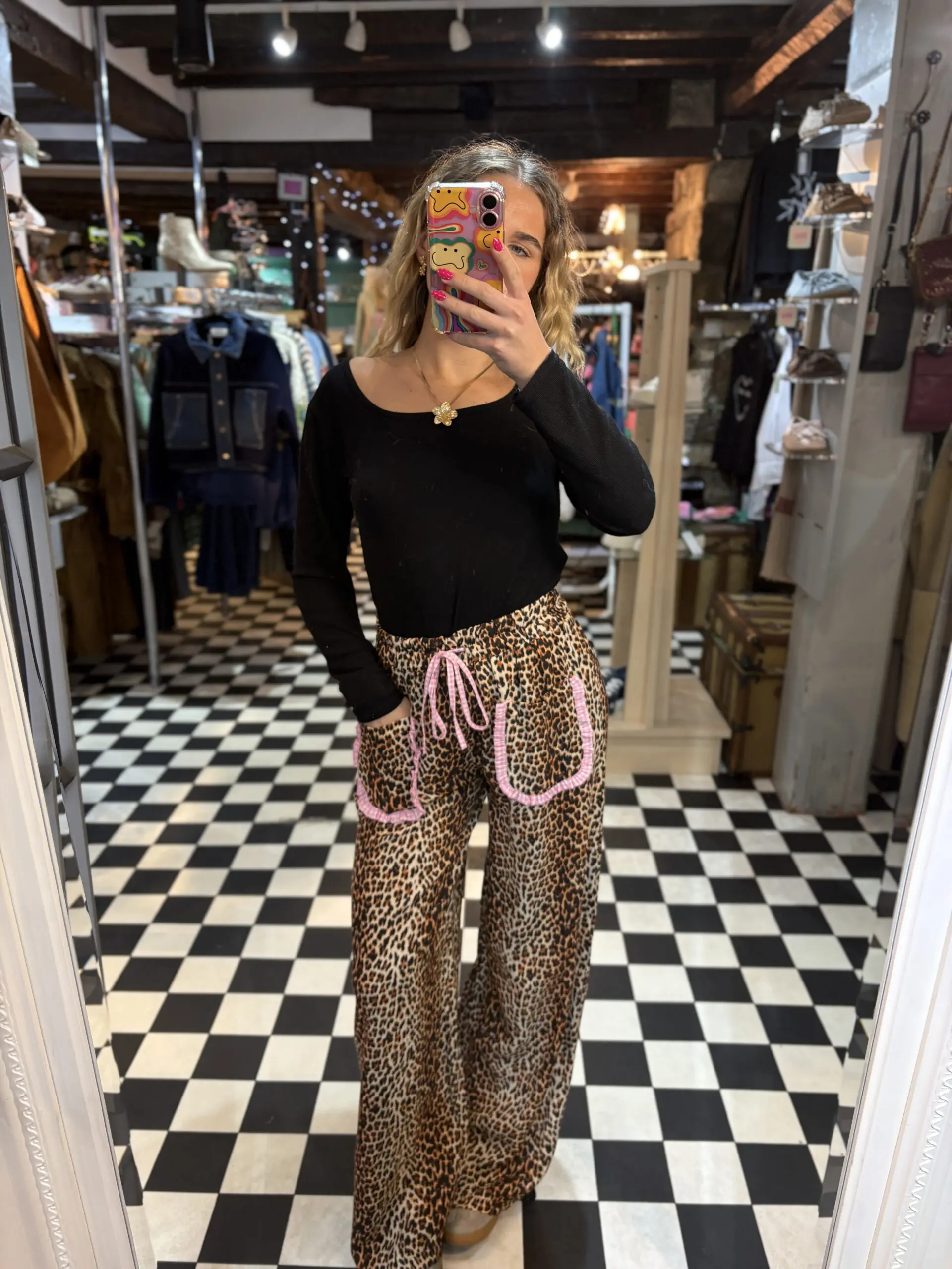 Leopard Print Trousers with Pink Gingham