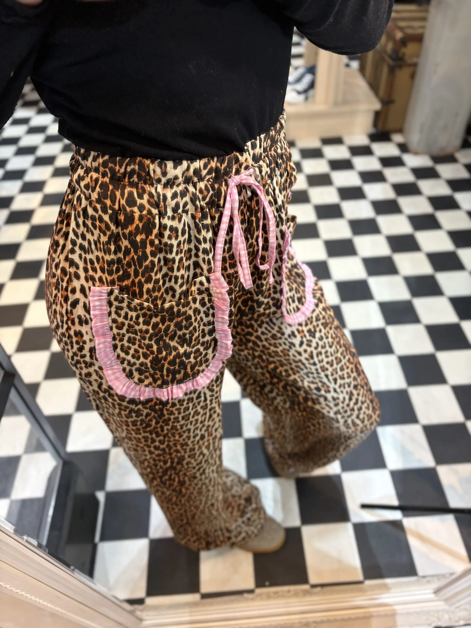 Leopard Print Trousers with Pink Gingham