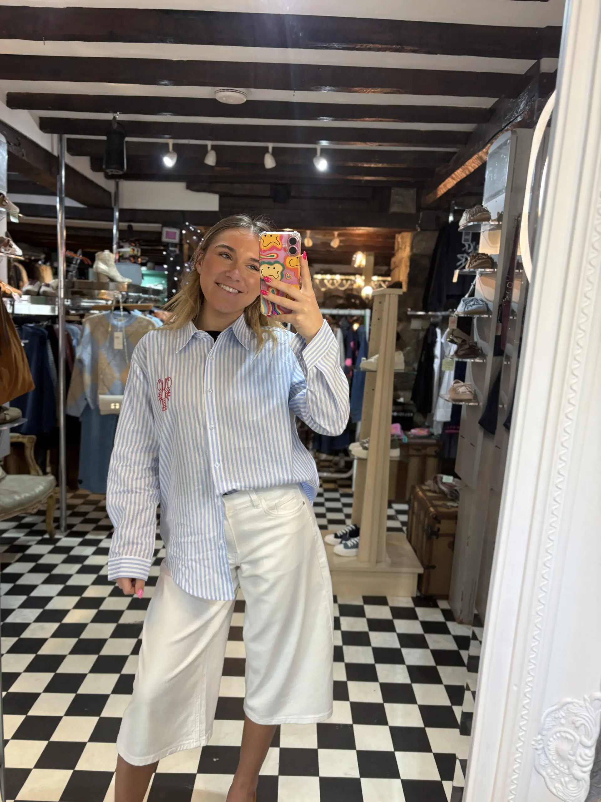 Blue Stripe Cotton Shirt Lobster Embroidered