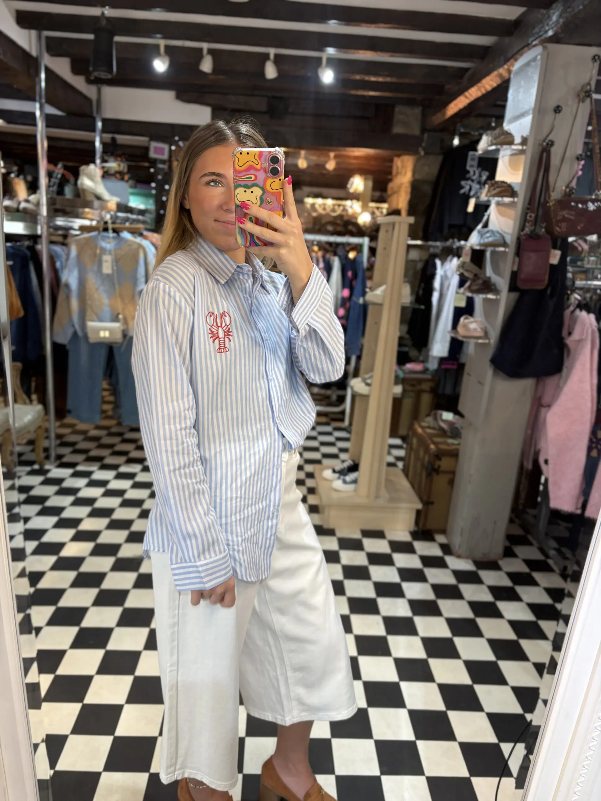 Blue Stripe Cotton Shirt Lobster Embroidered