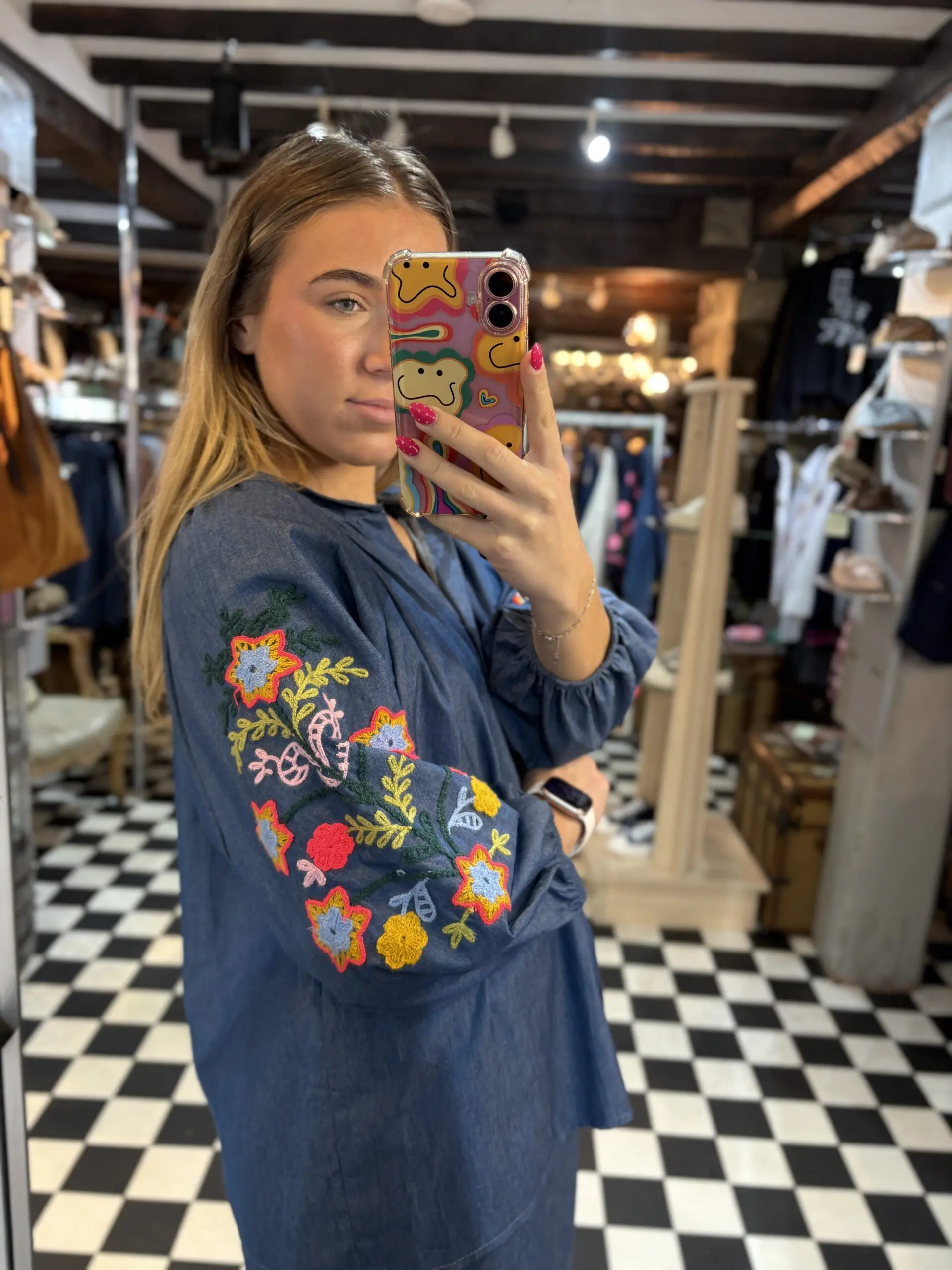 Denim Style Top with Floral Embroidery