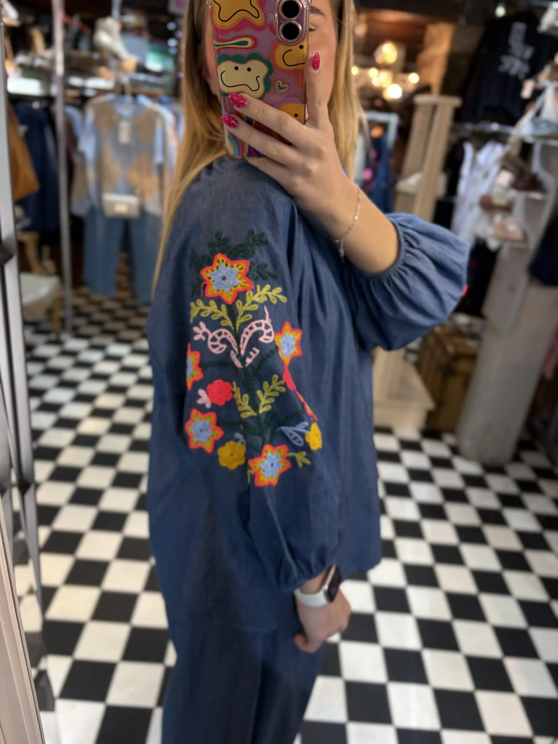 Denim Style Top with Floral Embroidery