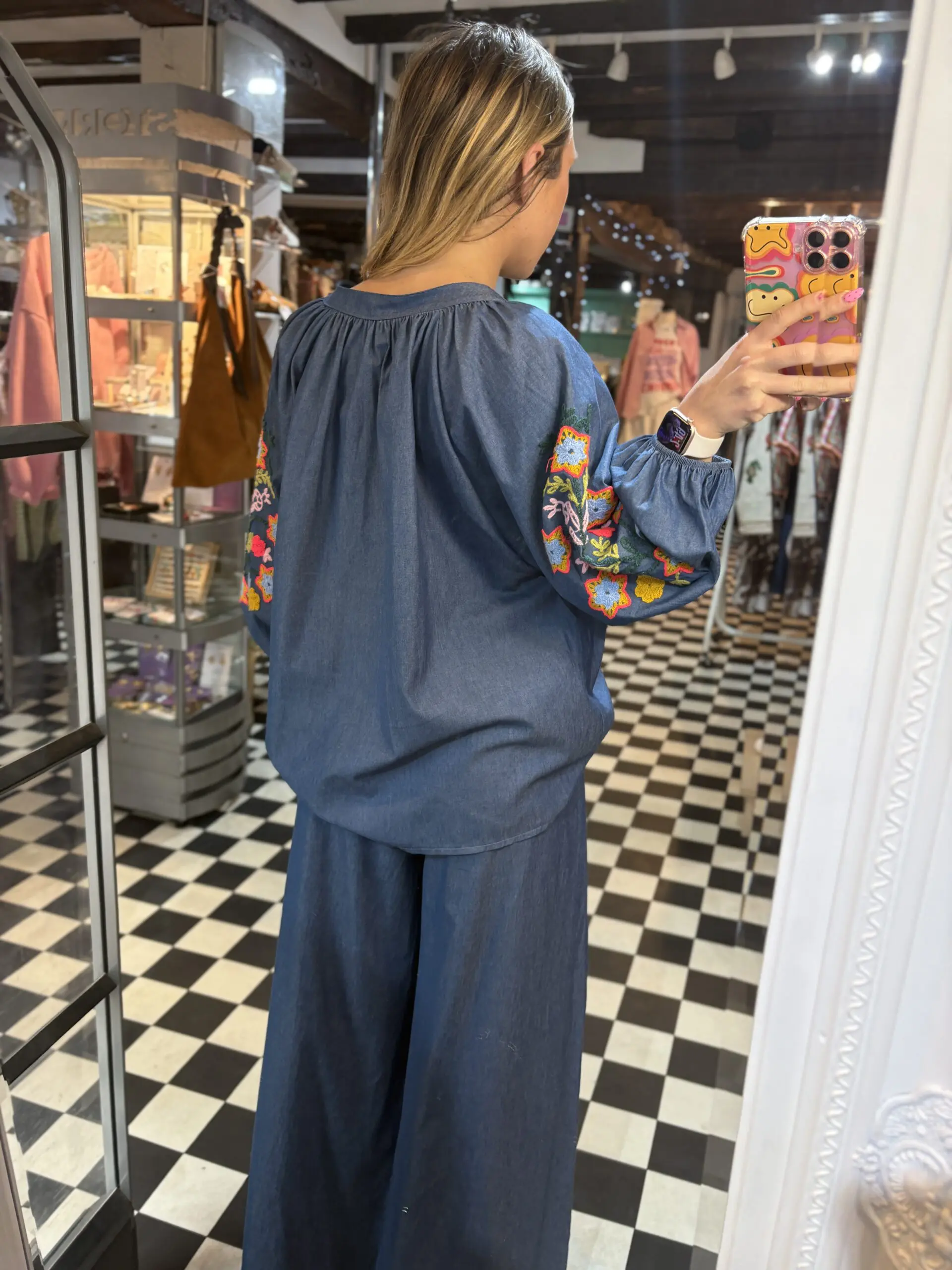 Denim Style Top with Floral Embroidery
