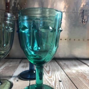 Set of 6 Teal Deco Face Wine Glasses