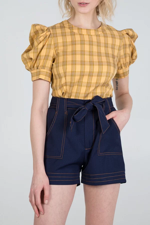 Navy Long Waist PaperBag Shorts