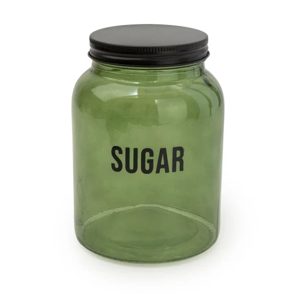 Green Glass Storage Jar 'SUGAR' With Black Lid 15.5cm