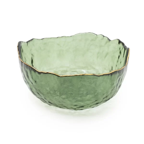 Medium Green Glass Wavy Bowl With Gold Rim 17cm